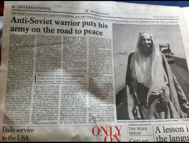 Article tiré d’un journal américain de 1993. Oussama Ben-Laden y est décrit comme un héros antisoviétique. (Photo : The Independent)
