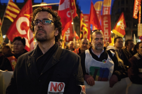 En Espagne, la réforme du travail de 2012 a déclenché un mouvement massif, avec notamment une grève générale le 29 mars 2012. ici, une journée de mobilisation à Barcelone. (Photo Javier Carbajal - Imagen en Acción / Flickr)