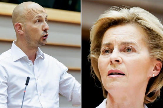 Marc Botenga, eurodéputé du PTB, et Ursula Von der Leyen, présidente de la Commission européenne. (Images European Union 2020)